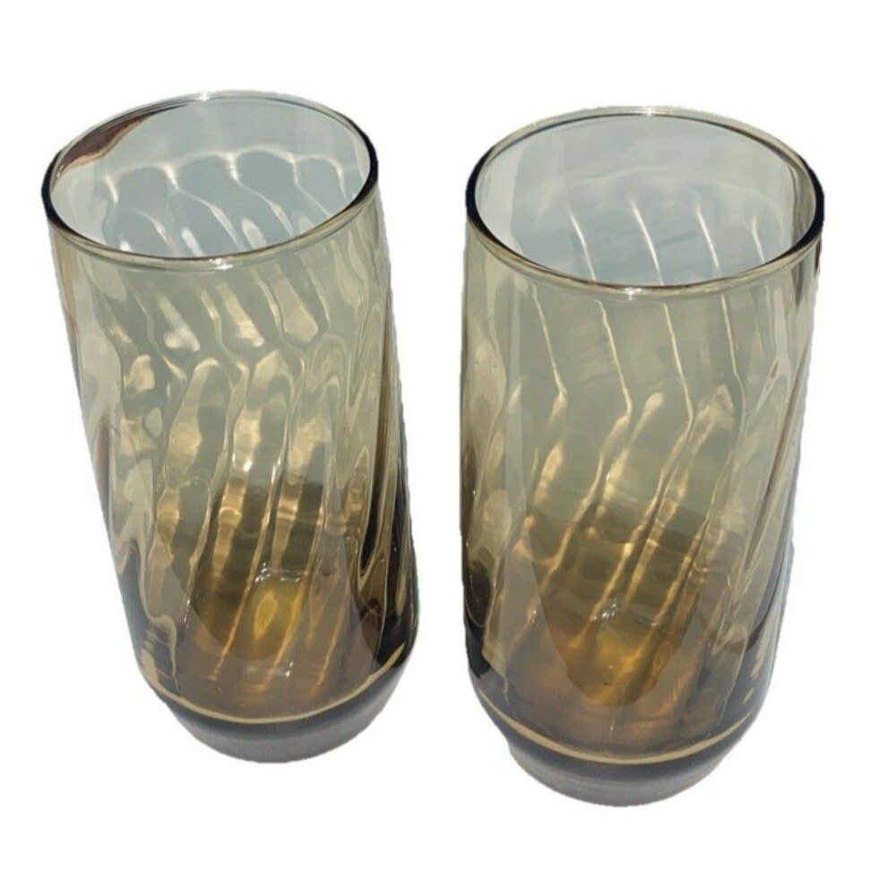 Vintage Libbey Smoke Brown Swirl Tumbler Glasses (set Of 2) 6" EUC